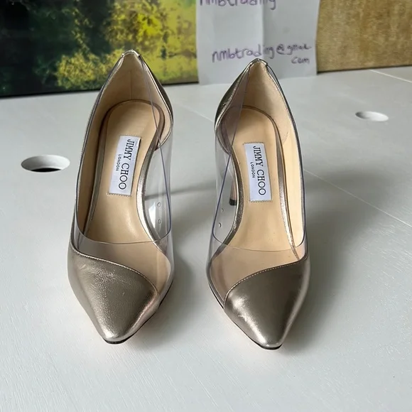 Jimmy Choo champagne color & plastic trim 8.5M(38.5) pointed toe classic pumps